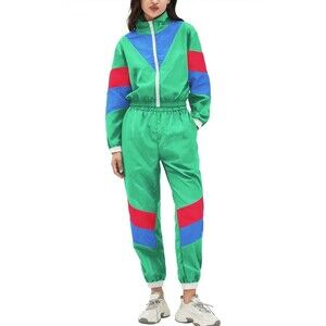 UOUA 2 Piece Outfits Tracksuit Windbreaker Pullover Jacket Crop Top Size M Green